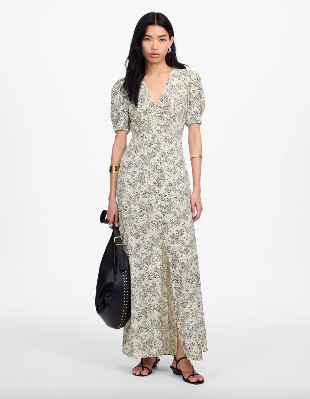 Madewell Puff Sleeve V Neck Midi Dress Harper Floral Ivory Viscose US 00 NWT